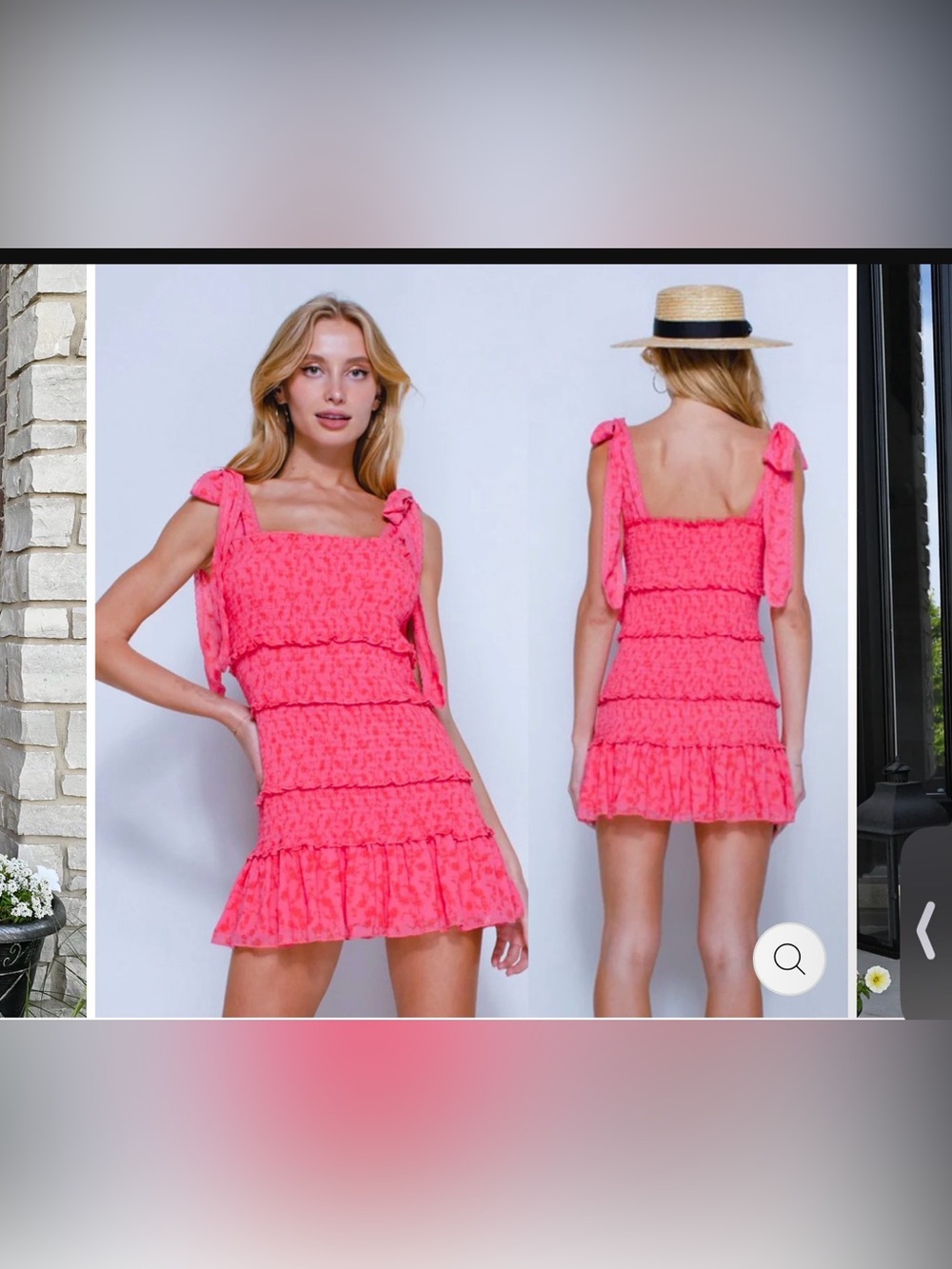 Pink Tie-Shoulder Smocked Mini Dress